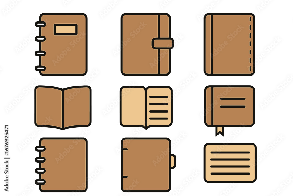 Poster notebook icon set vector. collection of brown diary, planner, and journal symbols. minimal linear pi