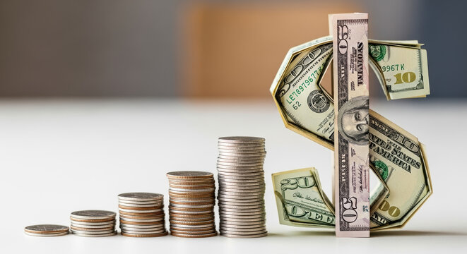 Dollar sign made of paper money with growing stack of coins conveys investment strategy. Financial success is represented by dollar sign with growing investment, and increasing value.