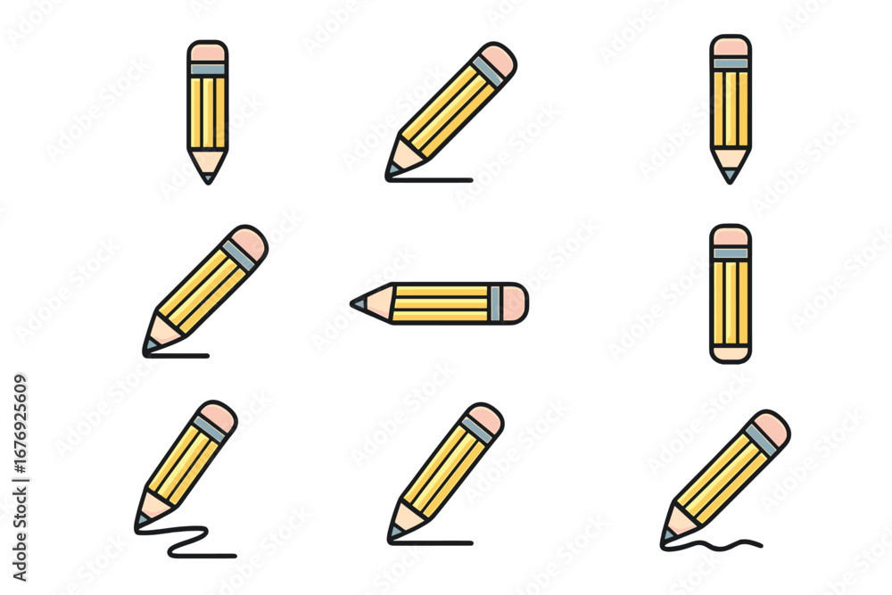 Poster pencil icon set vector collection. writing and drawing tool pictogram for web and graphic design. sc