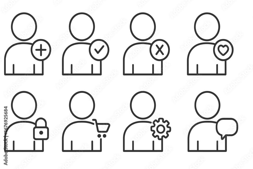 Poster user profile icon set. thin line art collection for web and app interface. add, delete, favorite, se