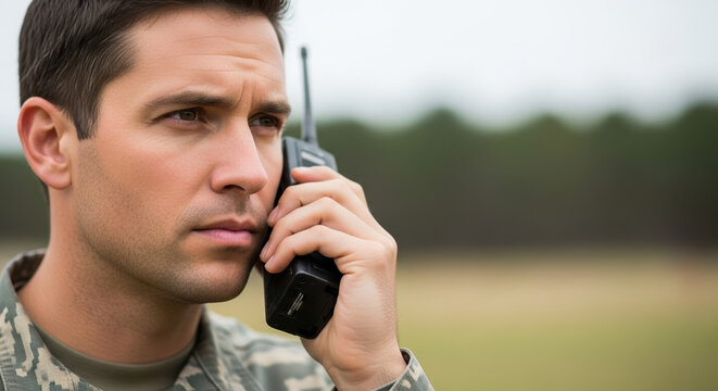 Military communication showing man holding walkie-talkie outdoors for secure connection. Military communication is essential for team coordination with walkie-talkie,