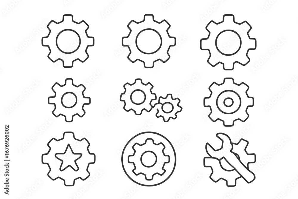 Poster minimalist gear line icon set. editable stroke mechanical cogwheel symbols. vector outline linear pi
