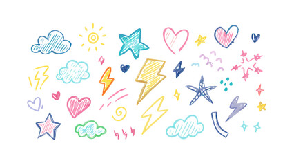Colorful hand drawn doodles of hearts stars and clouds