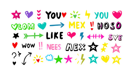 Colorful hand drawn icons and text hearts stars