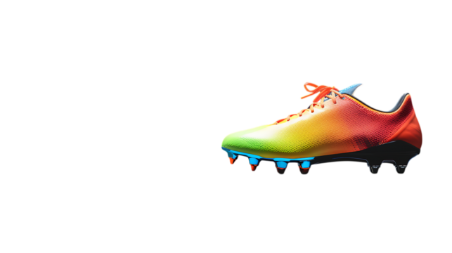 Illustration of a single colorful soccer cleat isolated on transparent background, highlighting its innovative design and advanced technology for optimal performance and comfort on the field