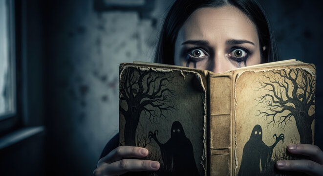 Reading spooky stories with wide-eyed expression holding ancient book covered in spooky stories illustrations. Reading spooky stories, young woman looks startled.