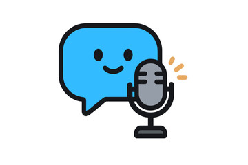 Podcast logo icon with microphone and smiling chat bubble. Vector cartoon for broadcast, radio show, interview. Audio streaming, voice recording, communication mascot concept.
