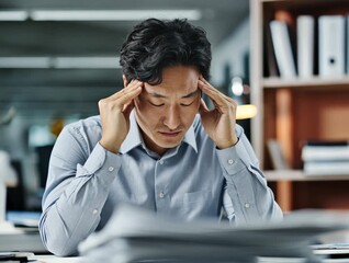 Korean man stressed office burnout anxiety headache