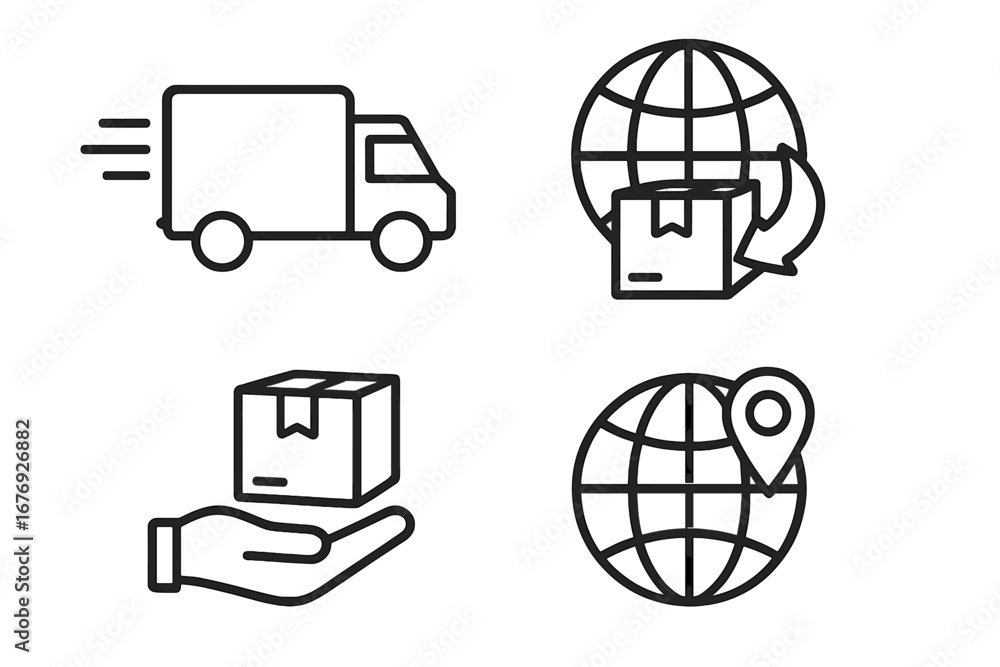 Poster global delivery shipping icons set. minimalistic linear vector pictograms for worldwide package trac