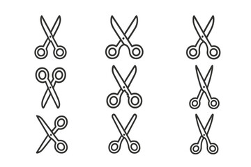 Haircut scissors outline icon pack. Vector black line stylized scissor symbols for graphic and web design, mobile apps, advertisements, website, cards, barbershop, hair stylist, salon branding.
