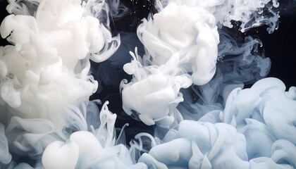 Fototapeta premium A mesmerizing abstract background of white and blue paint creating voluminous clouds as it flows and mixes in black liquid