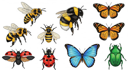 Diverse Collection of Insects Including Bees Ladybugs Butterflies and Beetles on Isolated transparent background