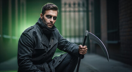 Mysterious grim reaper figure with scythe in dark urban alley, presenting formidable reaper of souls. Grim reaper holds death's scythe, embodies death and mortality within urban shadows.