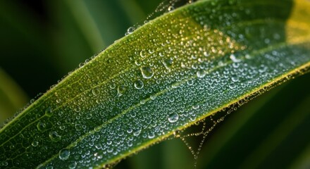 Close Up Green Leaf Covered in Dew Drops with Spider Web in Natural Environment