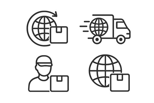 Global delivery thin line icon set. International shipping, worldwide logistics, express parcel, courier service, global package tracking. Minimalist vector illustration for web, apps, banners, cards