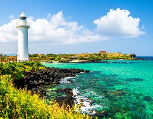Fantastic emerald sea of South Korea's Jeju island and amazing white lighthouse,  AI Generated image
