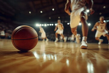 Naklejka premium Dynamic basketball game highlighting action-packed court moment for sports enthusiasts