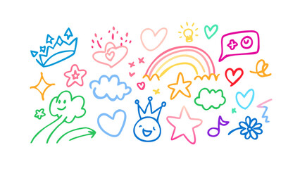 Cute doodle elements rainbow stars hearts clouds