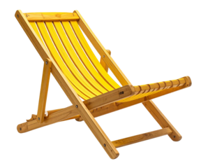 Angled Side View of Yellow Beach Chair, Showing Armrests and Slats, Isolated on Transparent Background