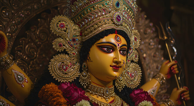Beautiful statue of the hindu goddess durga for navaratri and durga puja festival a concept for worship religion culture tradition and spiritual art
