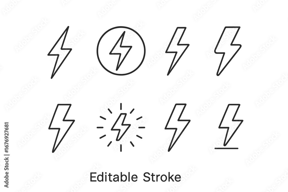 Poster lightning bolt line icon bundle. minimal linear electrical symbol set. editable stroke vector illust