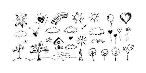 Doodle icons of nature and symbols hand drawn