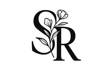 Elegant SR monogram with botanical flower. Letters S and R logo. Initial design for beauty, wedding, or fashion brand. Minimalist floral vector illustration for personal branding.