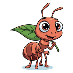 Cute cartoon ant with large eyes carrying a twig and a green leaf on its back cheerful insect character vector