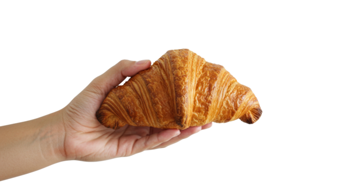 Hand holding croissant on white background - Powered by Adobe