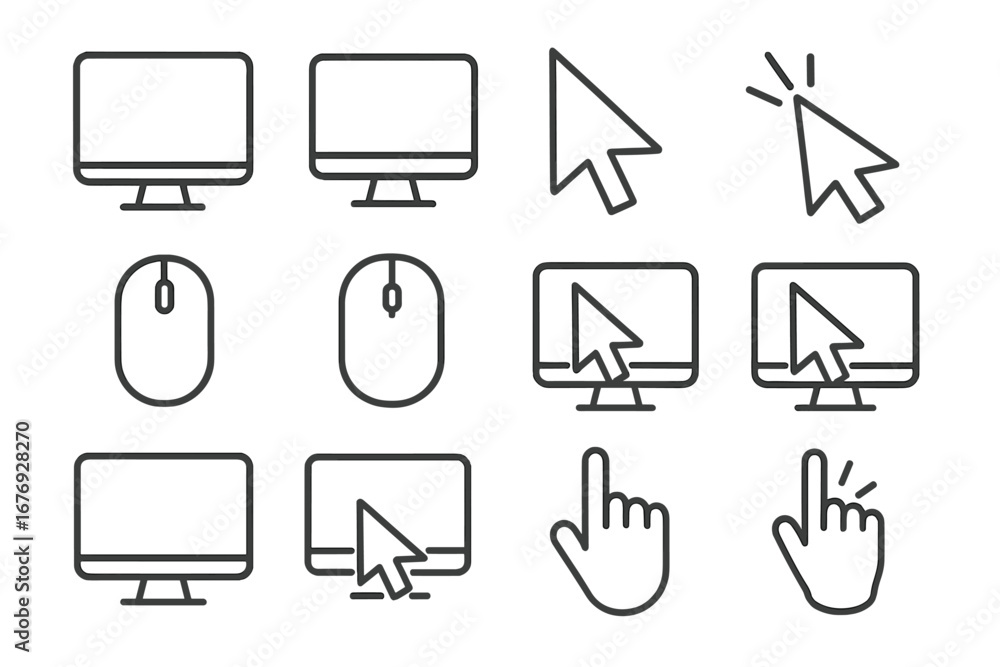 Poster computer and monitor outline icons set. cursor pointer screen desktop display linear signs for web g