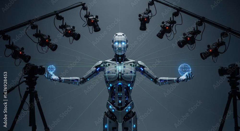 Poster robot surrounded by cameras in studio creates a futuristic scene. robot stands with arms outstretche