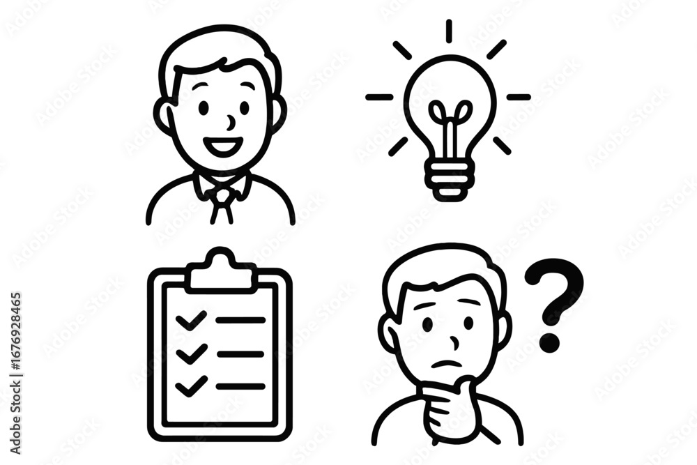 Poster business icon set with man avatar, idea lightbulb, checklist, and thinking person with question mark