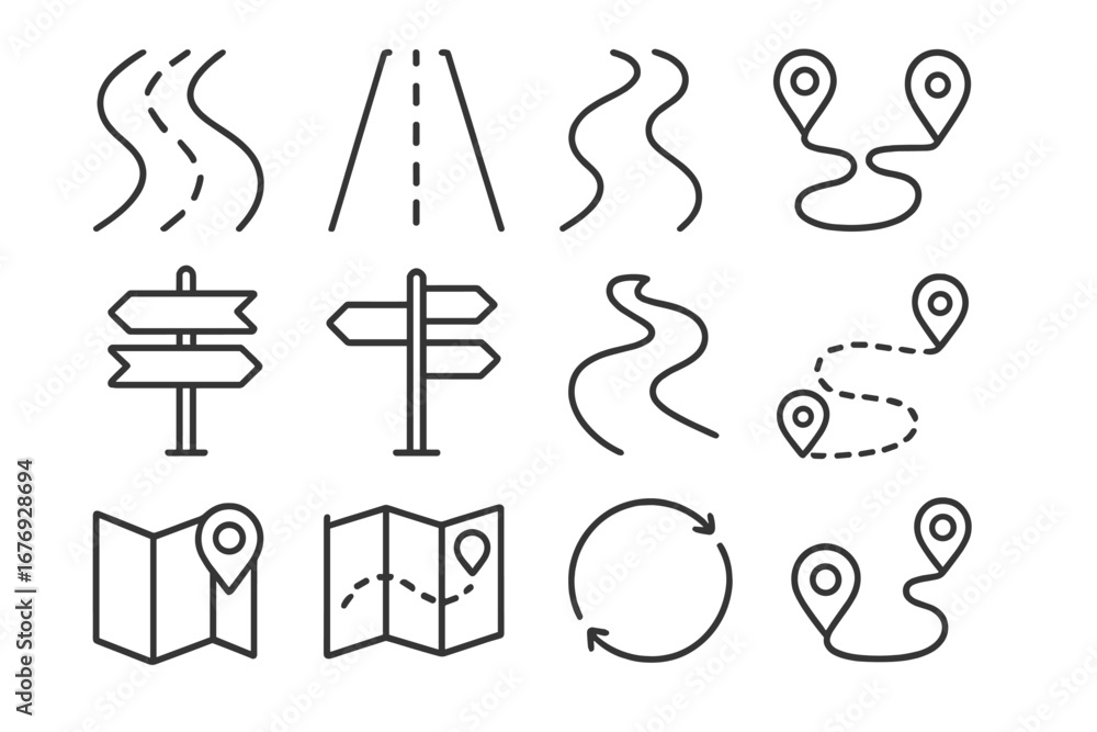 Poster vector set of road, path, journey and direction line icons with map pins. outline symbols for naviga