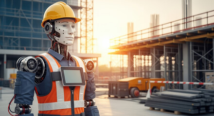 Robot worker wearing hardhat stands on a construction site with metal reinforcement and unfinished building. A humanoid robot worker supervises construction progress.