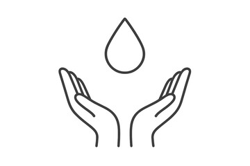Minimal line art icon of hands holding water drop, save water concept, clean water conservation, eco friendly protection, sustainability, outline vector illustration for apps, web, design