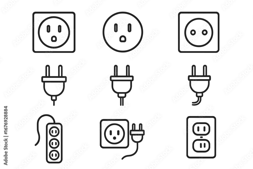 Poster electrical outlet and plug line icon pack. editable stroke minimalistic linear vector set for power 