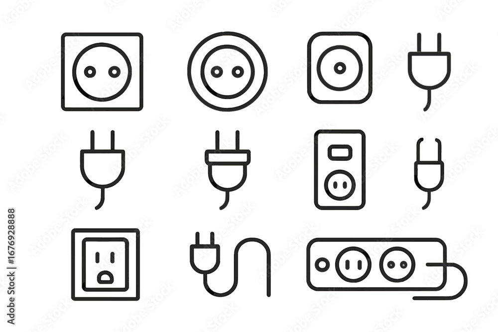 Poster electrical outlet and plug icon set. minimal line style vector symbols for power socket, adapter, ex