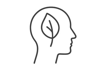 Think green, growth, and mental health concept. Human head silhouette with leaf inside. Symbol of sustainability, ecology, organic ideas, and environmental consciousness.