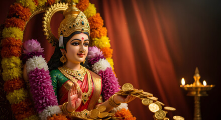 Beautiful statue of hindu goddess lakshmi with a gold coin a concept for diwali festival worship wealth prosperity and a spiritual divine blessing