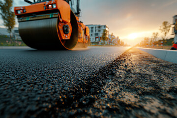 Road roller flattening fresh asphalt at sunset during road construction