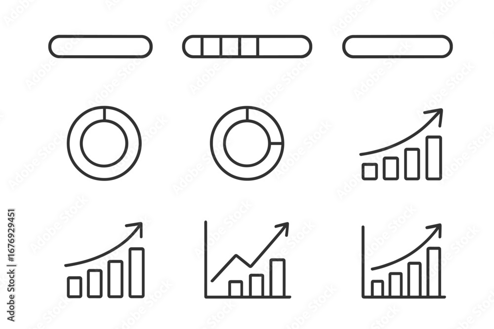 Poster minimalist progress bar icons and business growth analytics graphs set. thin line editable stroke. f