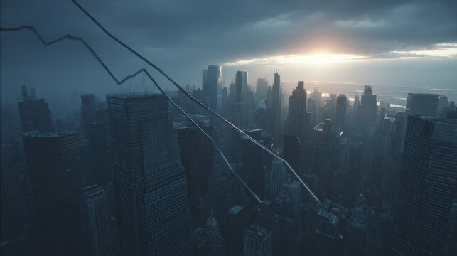 blue downward trend line overshadowing faint city skyline silhouette economic recession visualization illustration concept scene visual for commercial design use high detail quality stock image - Powered by Adobe