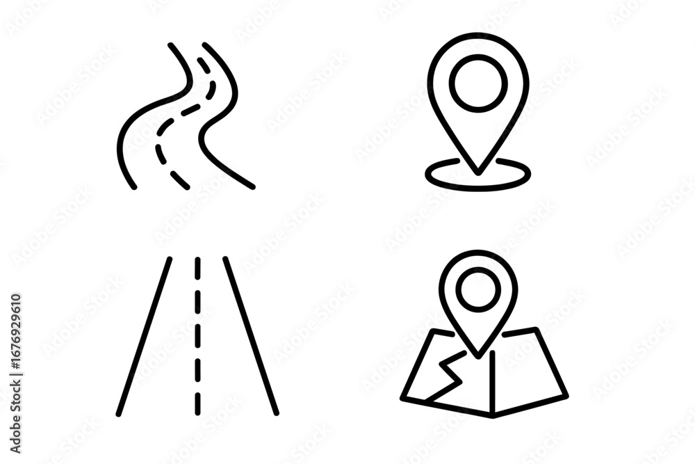 Poster road and map pin outline icons set. modern gps navigation route and location symbols. high detail ve