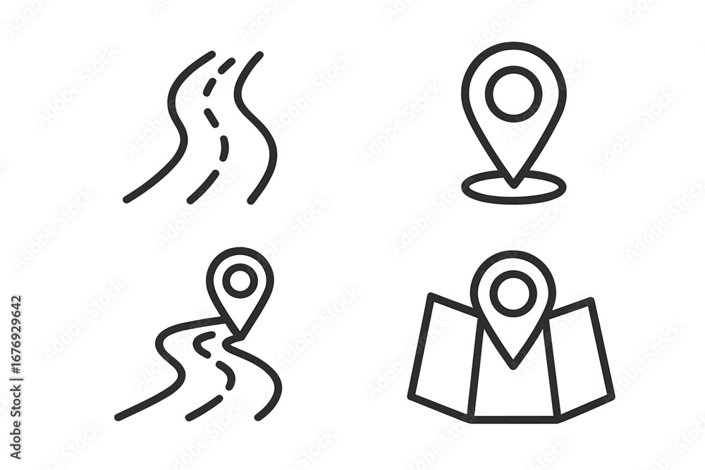 Poster road navigation and location pin outline icons set. curved route, map marker symbols, gps position c
