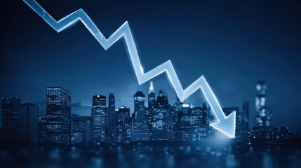 blue downward trend line overshadowing faint city skyline silhouette economic recession visualization illustration concept scene visual for commercial design use high detail quality stock image