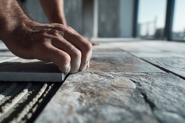 Construction worker installing new tile flooring in modern apartment