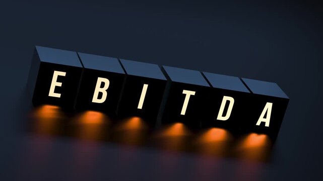 EBITDA Earnings Before Interest, Taxes, Depreciation, and Amortization, text glowing on cubes, business concept, animation. 3D render