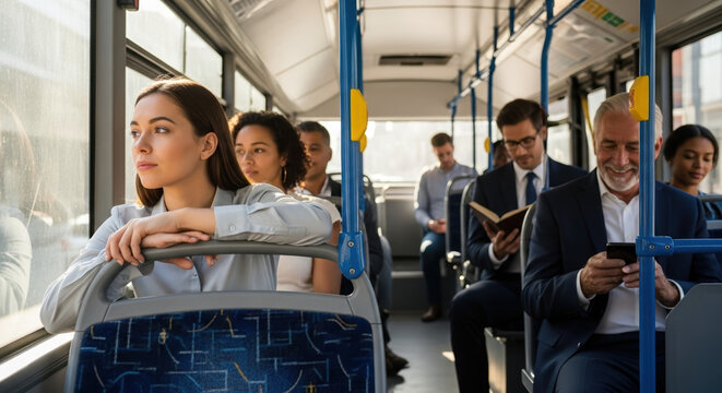 Urban bus interior with diverse passengers traveling on a city bus, including a woman looking through window. City bus transports commuters through urban environment with efficient public transport.