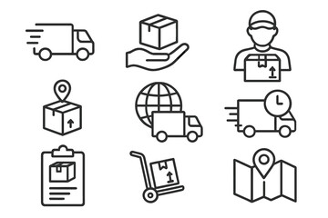 Delivery logistics transport icons, express shipping, courier service, tracking, package handling, fast delivery, international freight, location pin, clipboard, handcart, worldwide vector set
