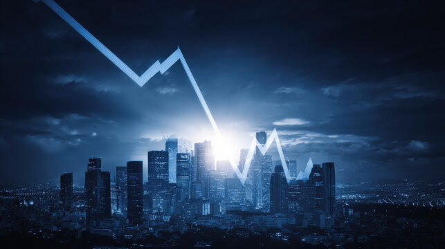 blue downward trend line overshadowing faint city skyline silhouette economic recession visualization illustration concept scene visual for commercial design use high detail quality stock image
